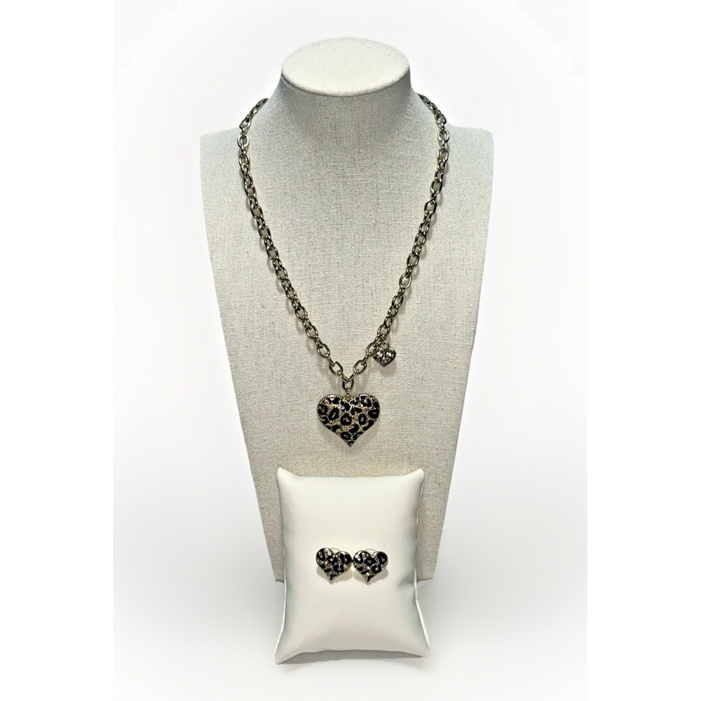 Guess Leopard Gold & Black Heart Necklace & Earrings Valentine's Day Heart Love